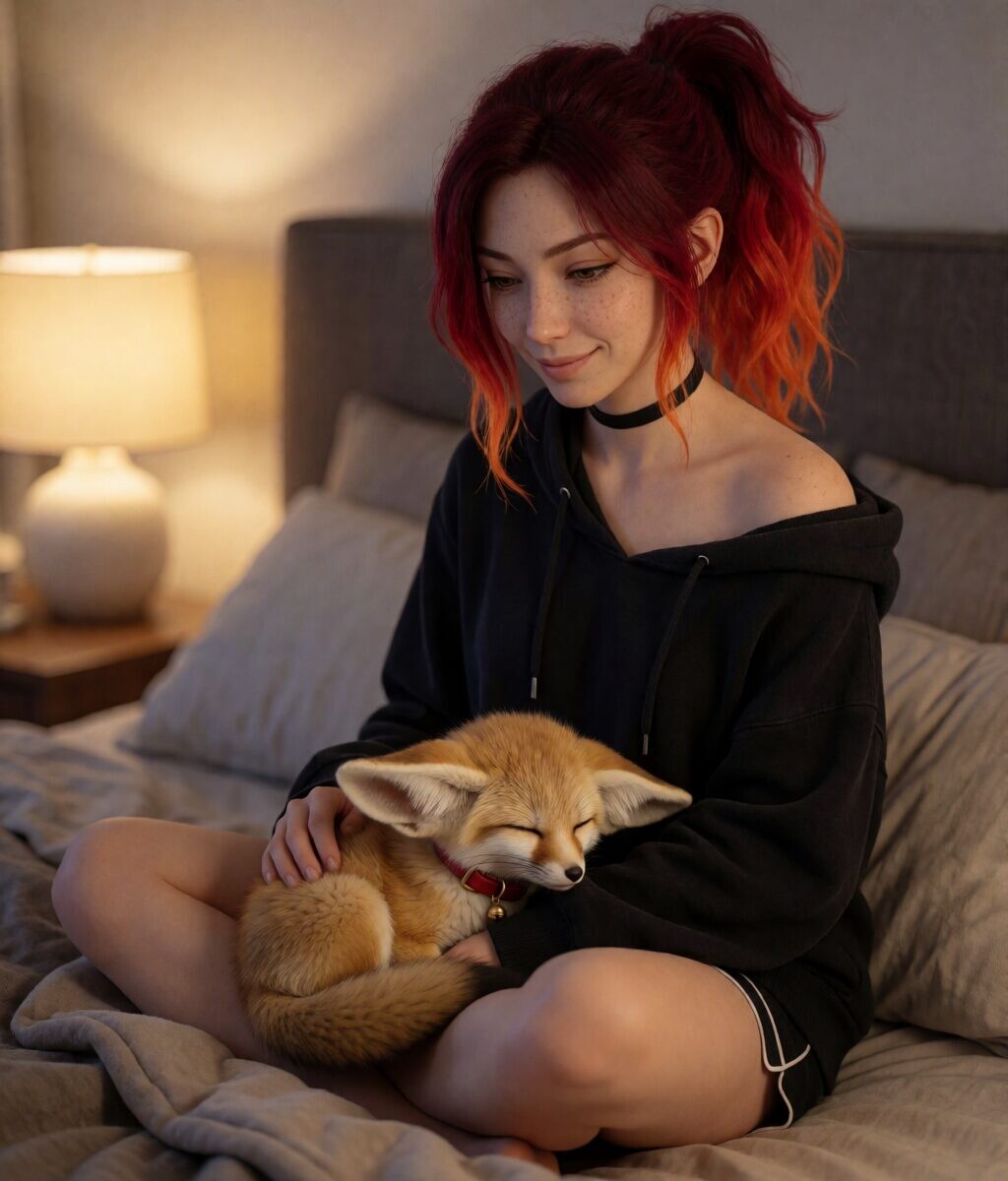 Alli sitting cross-legged on a bed at night with a sleeping fox kit in her lap