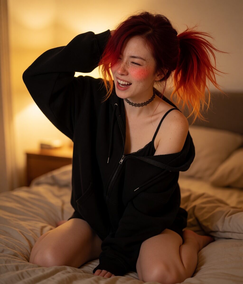 Alli tangled in a hoodie mid-attempt at a seductive pose